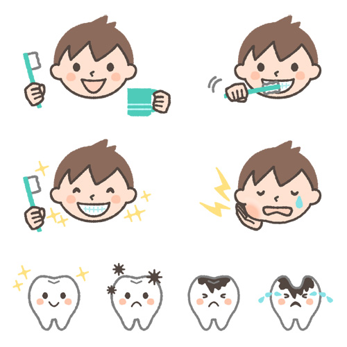 男の子の歯磨き・虫歯のイラスト