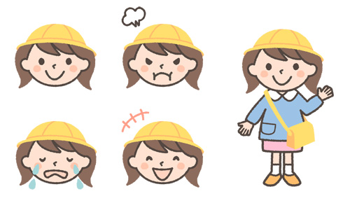 園児（女の子）の表情4種と全身イラスト