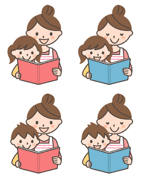 子どもに本を読んであげているママのイラスト
