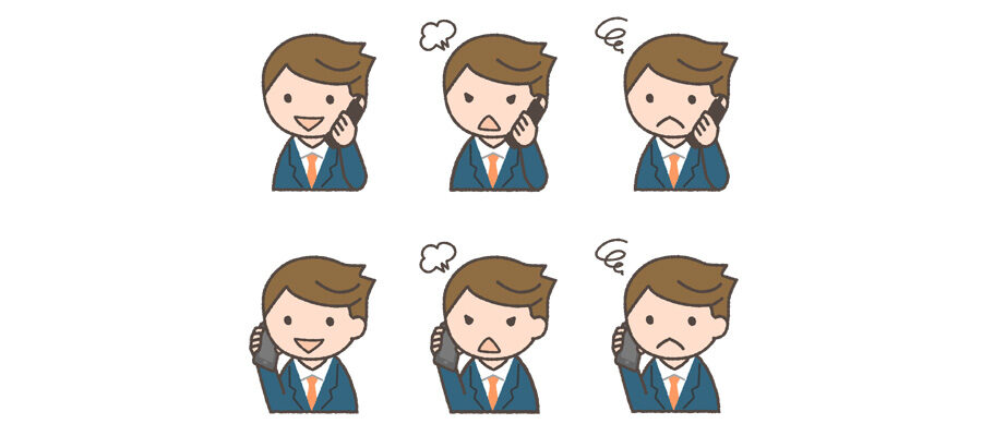 携帯電話・スマートフォンで通話するビジネスマンの表情イラスト
