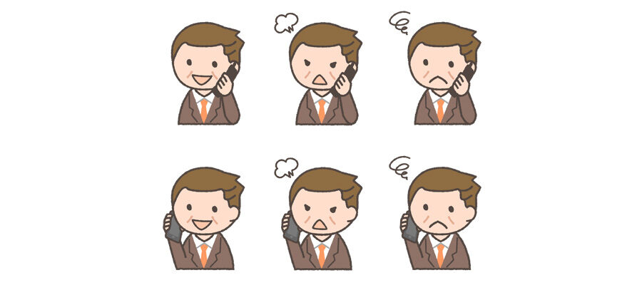 携帯電話・スマートフォンで通話する中年ビジネスマンの表情イラスト