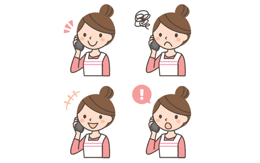 スマートフォンで通話する主婦の表情イラスト4種