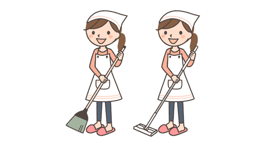 掃き掃除をする主婦の全身イラスト（ほうき・清掃用ワイパー）