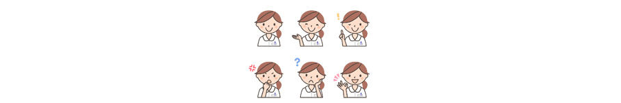 女性看護師の表情イラスト6種ナースキャップなしver.