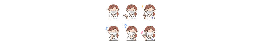 マスクをした女性看護師の表情イラスト6種ナースキャップなしver.