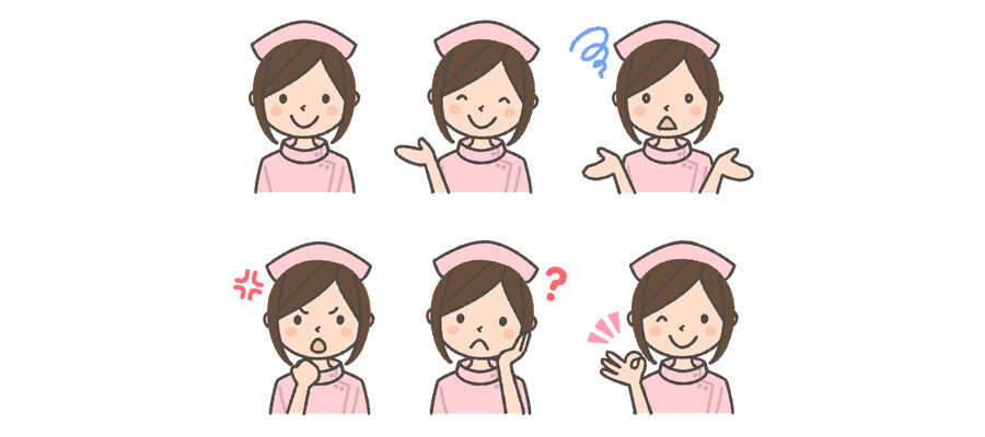 ピンク色のナース服を着た看護師の表情イラスト6種