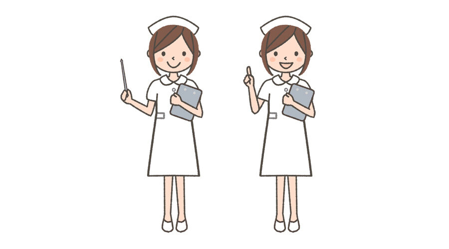 看護師（女性）の全身イラスト「指示棒をさす・指を立てる」