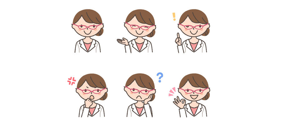 メガネをかけた看護師（女性）の表情イラスト6種