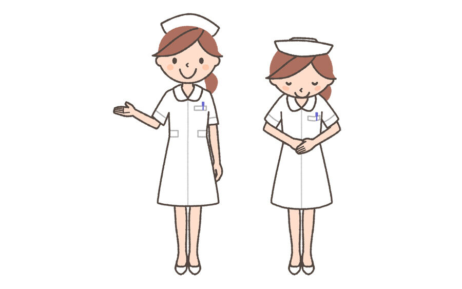 女性看護師の全身イラスト「案内する・おじぎする」
