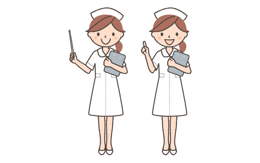女性看護師の全身イラスト「指示棒をさす・指を立てる」