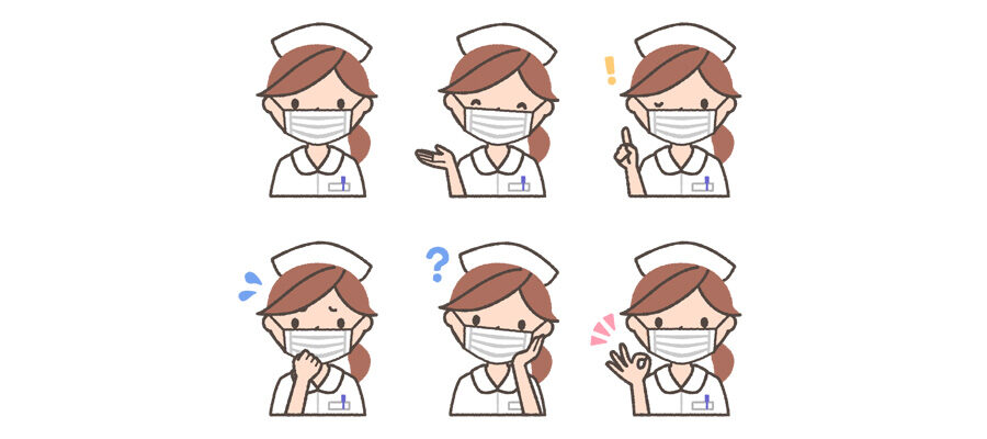 マスクをした女性看護師の表情イラスト6種