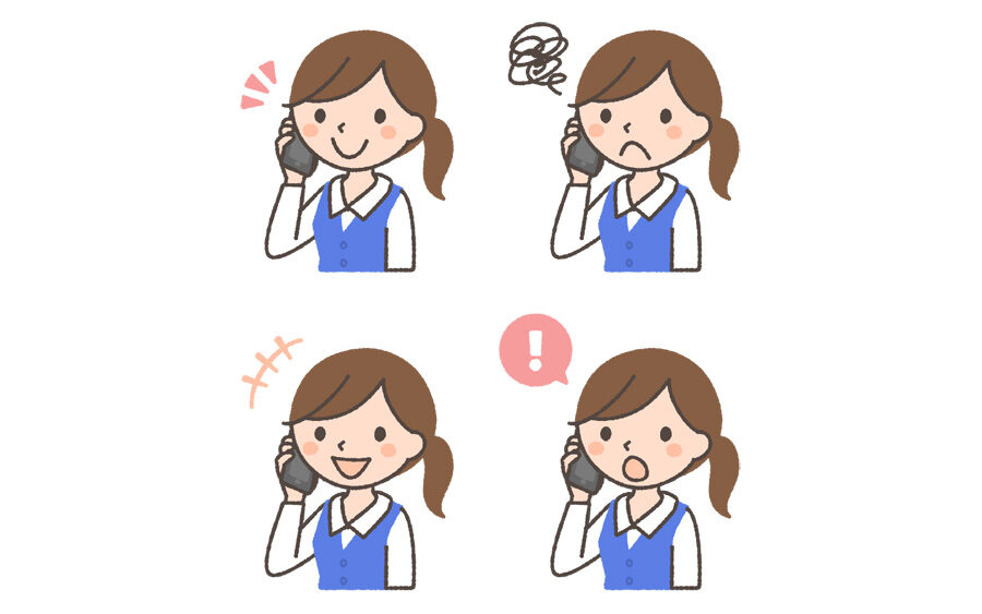 スマートフォンで通話する女性オペレーターの表情イラスト4種