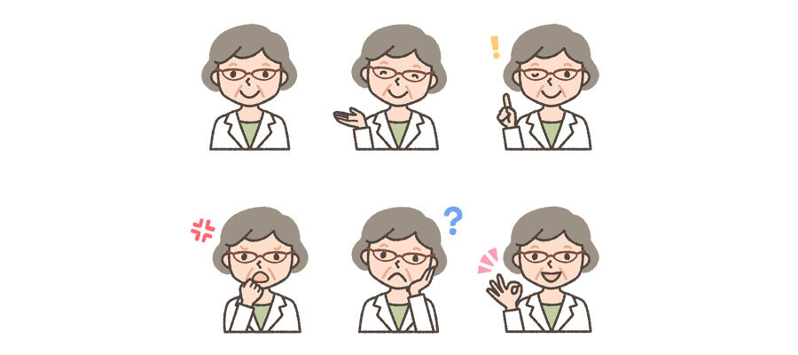 薬剤師（初老の女性）の表情イラスト6種