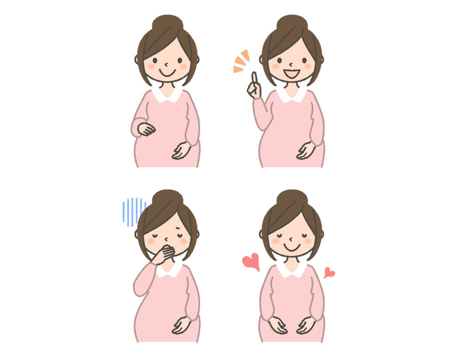 お団子ヘアをした妊婦の表情イラスト4種