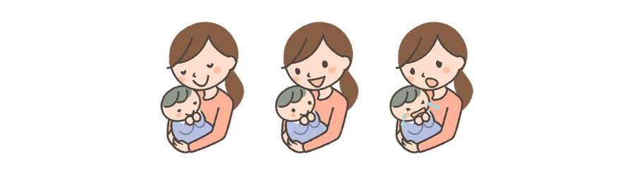 赤ちゃんを抱っこするママの表情イラスト3種
