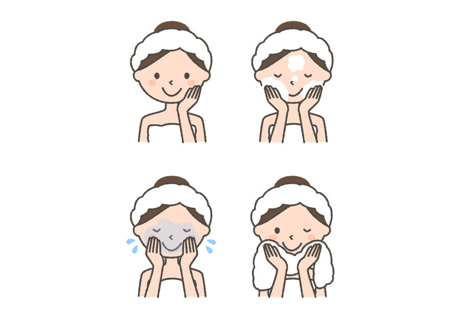洗顔する女性のイラスト4種「素肌・洗う・すすぐ・拭く」