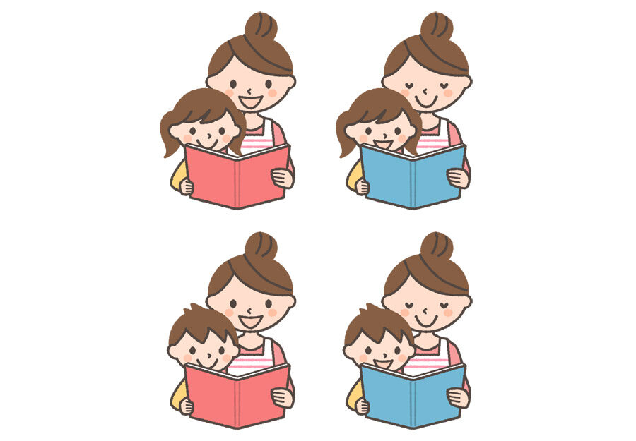 子どもに本を読んであげている女性（ママ）のイラスト4種