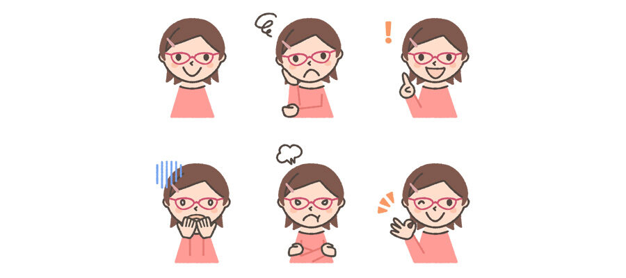 メガネをかけた若い女性の表情イラスト6種