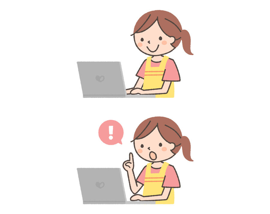 ノートパソコンを操作する主婦のイラスト「通常・ひらめき」