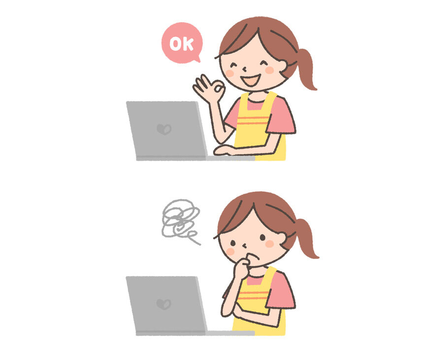 ノートパソコンを操作する主婦のイラスト「OKサイン・困る」